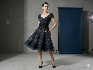 Sparkly Navy Dress with Bow Detail