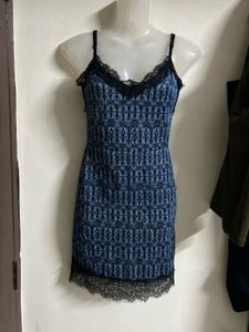 Blue Printed Slip Dress with Lace Trim