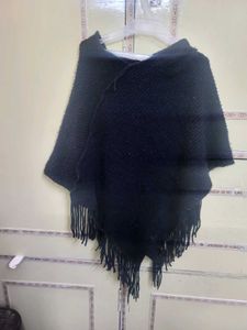 Chic Black Poncho with Red Flower Accent