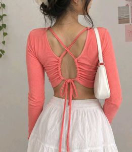 Coral Back-Tie Ruched Crop Top 🎀