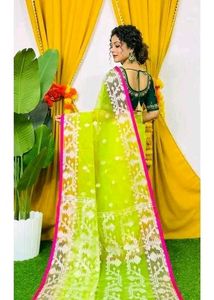 Vibrant Lime Green Muslin jamdani saree with blous