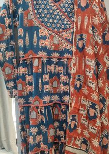 Blue &amp; Red Block Print Kurta Set