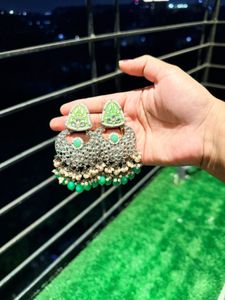 Exquisite Green & Silver Jhumka Earrings