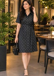 Chic Black Polka Dot Shirt Dress