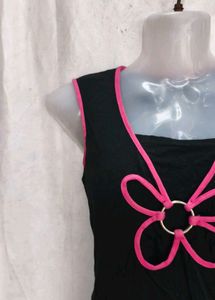 Black Sleeveless Top with Pink Flower Design