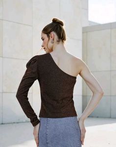Shein Party One Shoulder Puff Sleeve Chic Top🤎