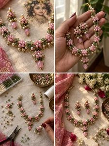 Exquisite Pink &amp; Green Beaded Jewellery Set