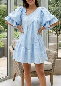 Light Blue Textured Tiered Dress