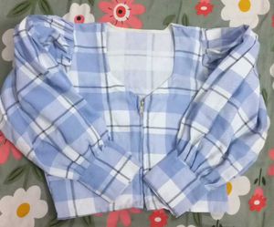 Blue Plaid Zip-up Puff Sleeve Corset Crop Top