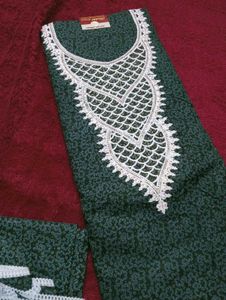 🌿 Elegant Dark Green Embroidered Dress Material