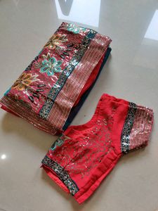 Heavy Designer Tomato Red & Blue Saree With Blouse
