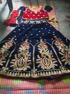Red Velvet Blouse with Blue Sleeves