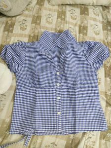 Blue Gingham Button-Up Puff Sleeve Top