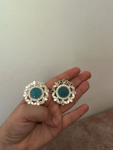 Stunning Teal Stud Earrings with Mirror Work