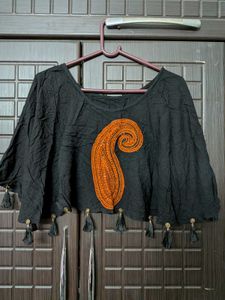 Black Kurta with Orange Paisley Embroidery