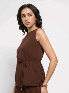 Brown Ribbed Top with Tie Detail
