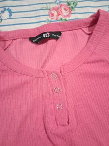 Pink Ribbed Henley Crop Top