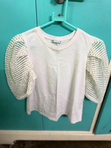 White Top with Mesh Sleeves by Zara