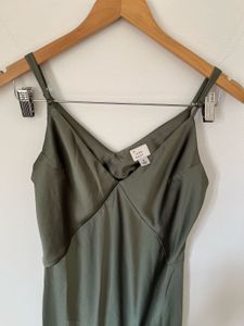 V-Neck Satin Slip Midi Dress in Olive Green