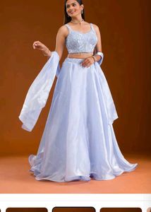 Elegant Light Blue Beaded Gown pearl design