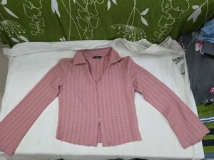 Zudio Dusty Pink Two-Way Zip Crinkle Cardigan Top