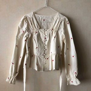 White Peplum Blouse with Red Floral Embroidery