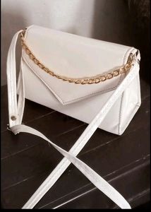 White Slingbag With Golden Chain For Girls And Wom