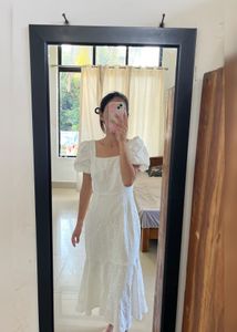 Elegant White Puff Sleeve Midi Dress