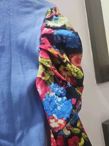 Blue Top with Floral Puff Sleeves