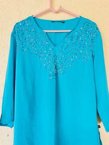 Turquoise Kurta with Embellished Neckline