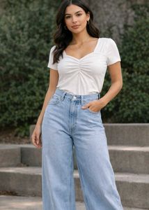 White Ruched Front Short Sleeve Top