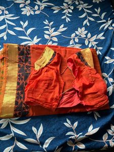 Orange &amp; Black cotton Saree with blouse