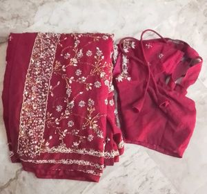 heavy fancy Maroon Ready to wear Saree blouse set