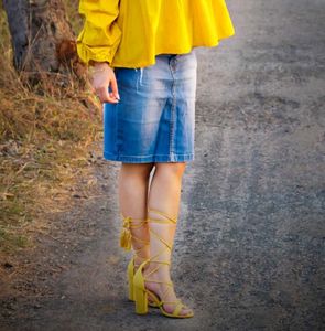 Mustard Yellow Lace-Up Block Heels