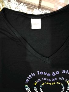 Black V-Neck T-Shirt with Heart Print