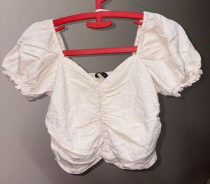 Cream Ruched Puff Sleeve Crop Top