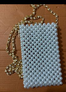 Elegant Pearl Beaded Clutch with Gold Chain
