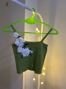 Green Crop Top with Floral Embellishment