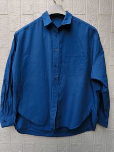 Korean Pintrest Blue Linen Button-Up Shirt