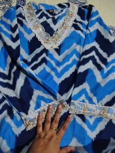 Blue Chevron Print Kurta Set