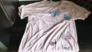 Pink Butterfly Graphic T-Shirt with sequins work