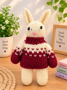 Handmade Knitted Bunny Doll with Maroon Sweater |
