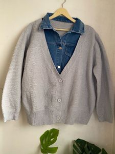 Cozy Knit Cardigan with Denim Shirt