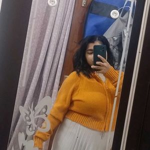 Orange Zip-Up Knit Cardigan