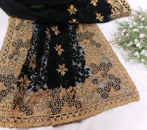 Black &amp; Gold Zari Work Embroidered Net Saree