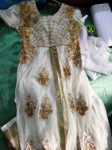 Elegant White &amp; Gold Embroidered Gown