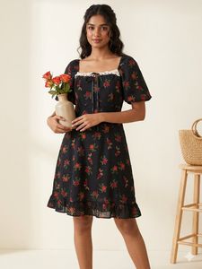 Black Floral Print Mini Dress