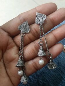 Oxidized Silver Dangling Earrings with Pearls