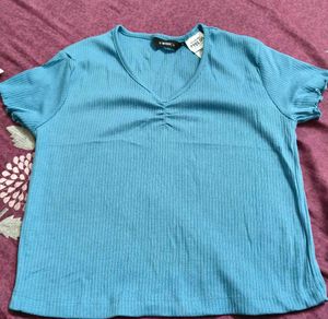 Blue Ribbed V-Neck Top