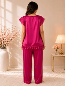 Satin Lace Trim Pajama Set